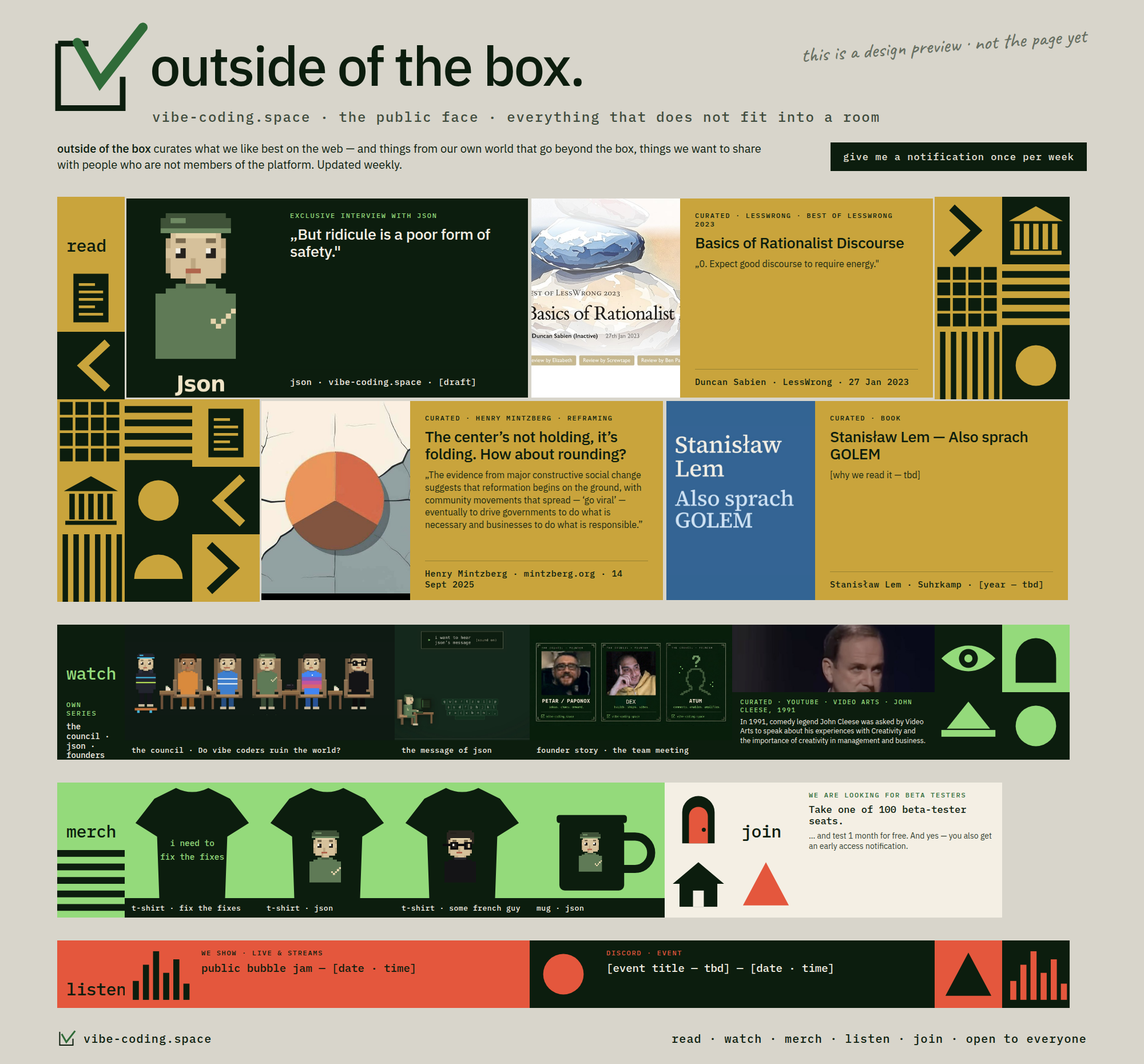 outside of the box — Entwurf der öffentlichen Seite: lesen, schauen, hören, tragen, mitmachen